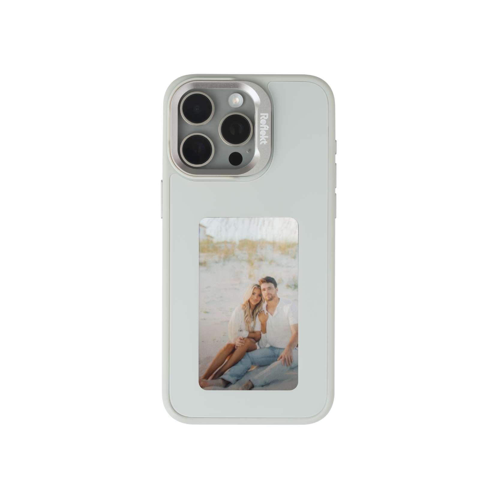 Reflekt™ gray E-Ink smart case for iPhone 15 showing a personalized photo of a couple on the back display.