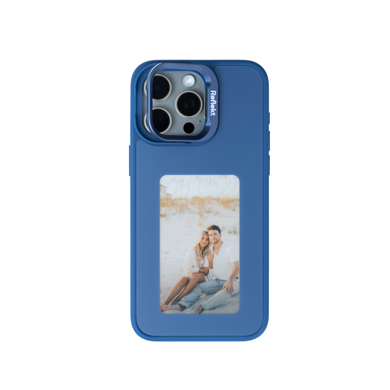 Reflekt™ blue E-Ink smart case for iPhone 15 showing a personalized photo of a couple on the back display.