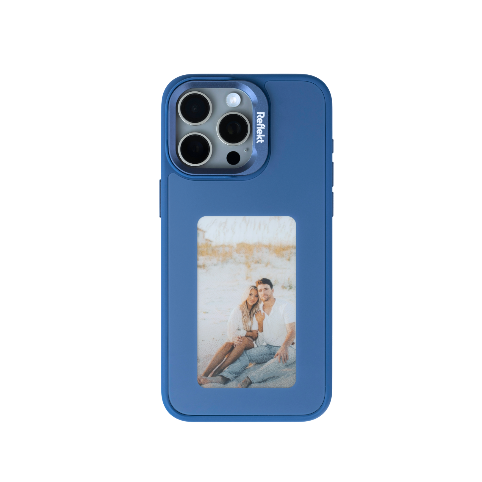 Reflekt™ blue E-Ink smart case for iPhone 15 showing a personalized photo of a couple on the back display.