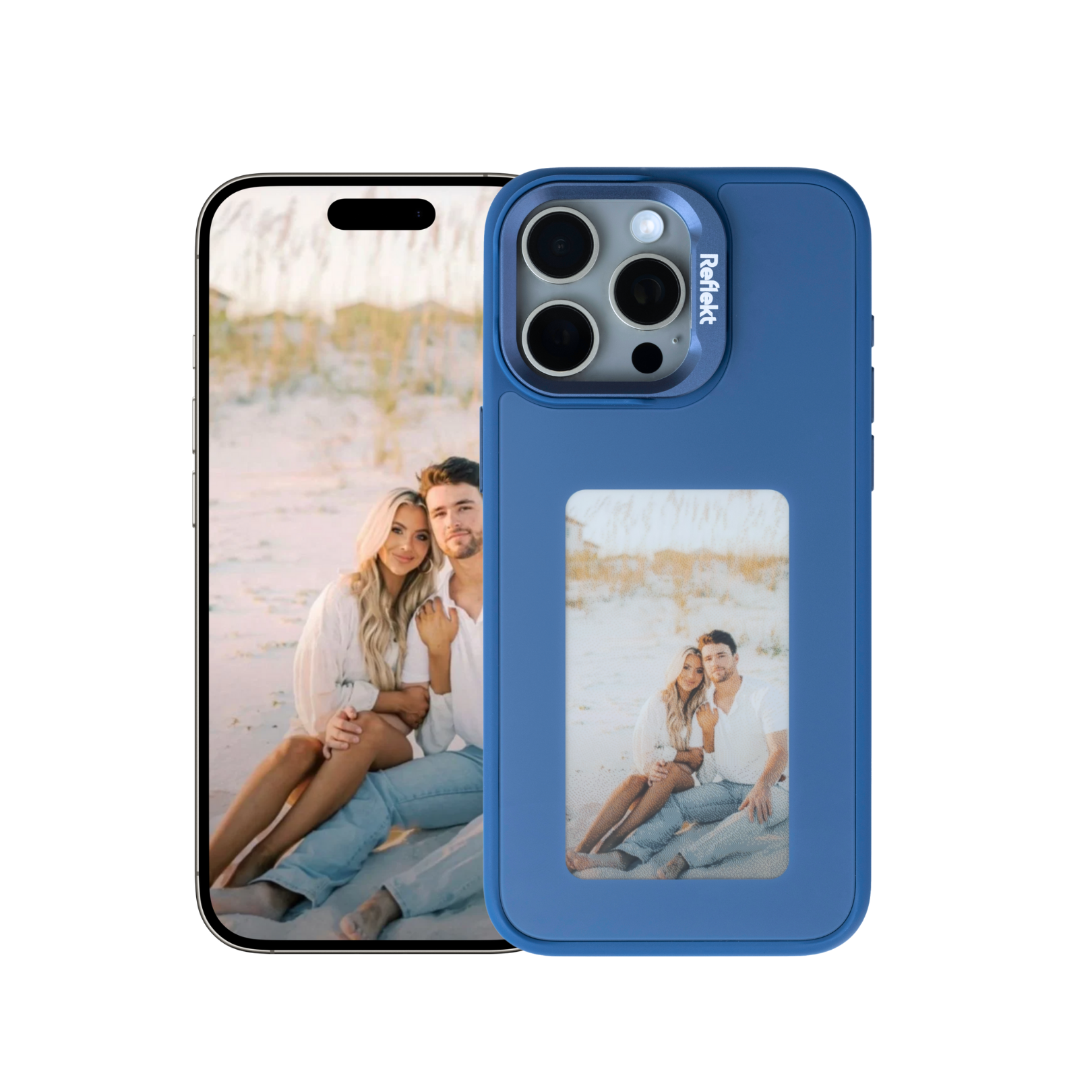 Reflekt™ blue iPhone 15 E-Ink case showing a matching personalized photo on both the smartphone screen and the back display.
