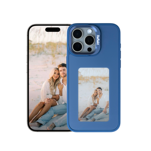 Reflekt™ blue iPhone 15 E-Ink case showing a matching personalized photo on both the smartphone screen and the back display.