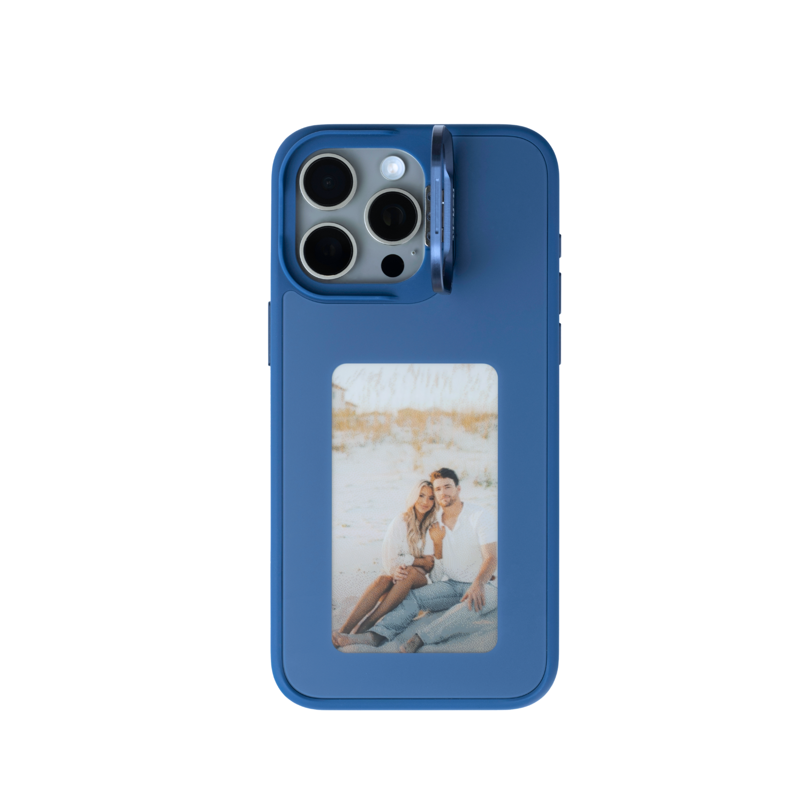 Reflekt™ blue E-Ink smart case for iPhone 15 showing a personalized photo of a couple on the back display.