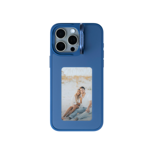 Reflekt™ blue E-Ink smart case for iPhone 15 showing a personalized photo of a couple on the back display.